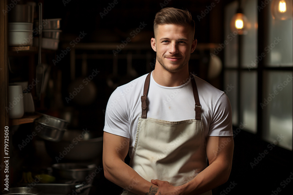 Portrait of a handsome man wearing apron and smiling standing in a coffee shop generative AI Portrait of a handsome man wearing apron and smiling standing in a coffee shop generative AI