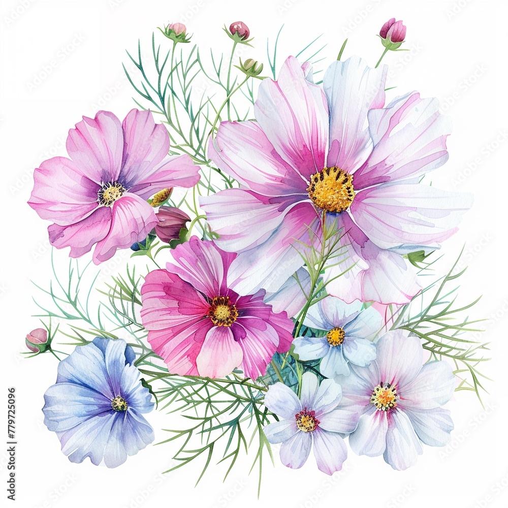 Watercolor cosmos clipart with delicate pink and white flowers Watercolor cosmos clipart with delicate pink and white flowers