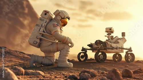 Astronaut and Mars rover on the red planet Mars. The concept of colonization of Mars photo