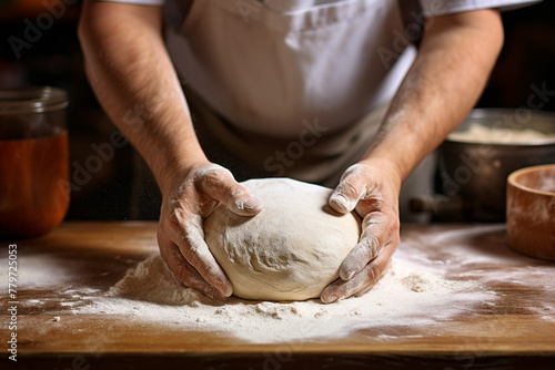 AI generated image of baker kneading dough on wooden table