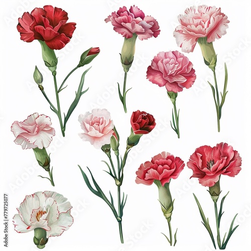 Watercolor carnation clipart in various colors  including pink  red  and white