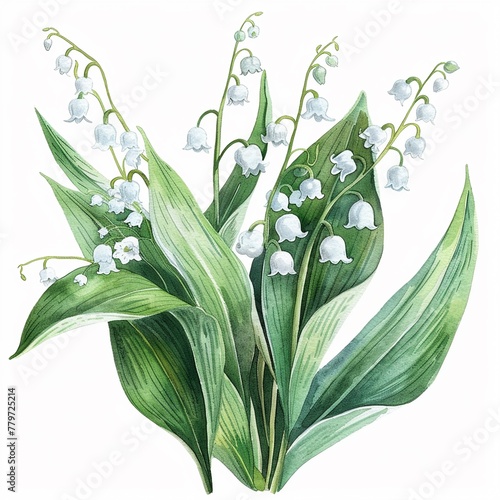Watercolor lily of the valley clipart with small white bellshaped flowers photo