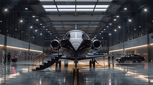 luxury black and gold private jet at millionaire hangar, expensive cars, private flights and transportation