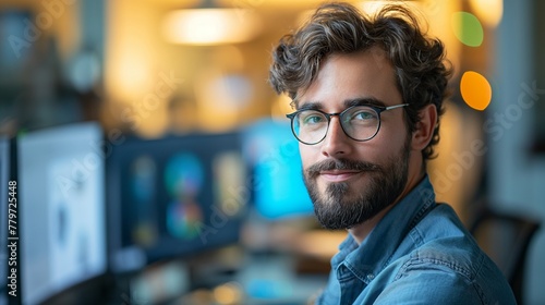 A young bearded man with glasses smiles confidently in a well-lit office