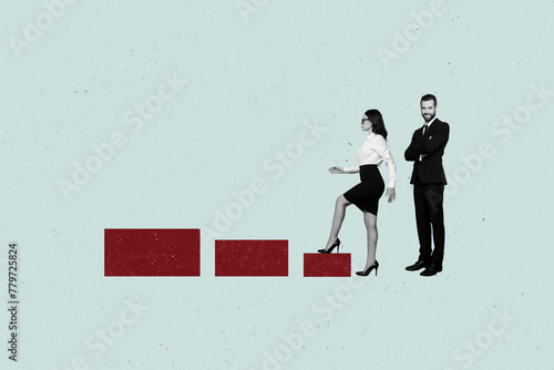 Composite photo collage of two colleagues girl step up career ladder chief guy stand smile forward success isolated on painted background