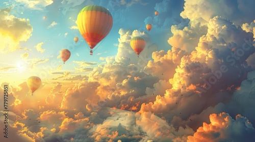Colorful Hot Air Balloons Floating Amidst Dramatic Clouds and Vibrant Sunset Sky Awe Inspiring Aerial Landscape Scene of Adventure and
