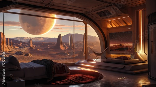 Modern and futuristic bedroom interior with a view of the Mars. The concept of colonization of Mars	
