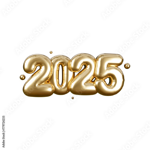 Happy New 2025 Year. Golden metallic inflated numbers 2025 isolated on transparent background. Realistic 3d render sign. Festive poster or banner design. photo