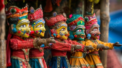 A traditional Indian puppet show taking place during Holi. The puppets are adorned with Holi colors. © khoobi's ART