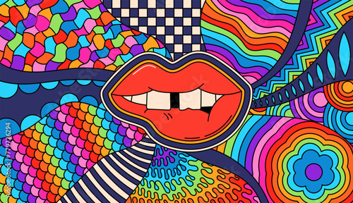 Psychedelic groovy lips with. Zentangle coloring page for adult.