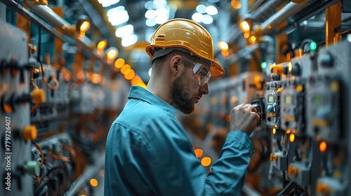 Engineer working inside a bustling factory with essence of modern industrial automation. The factory floor is lined with various electrical panels and machines. Generative AI.