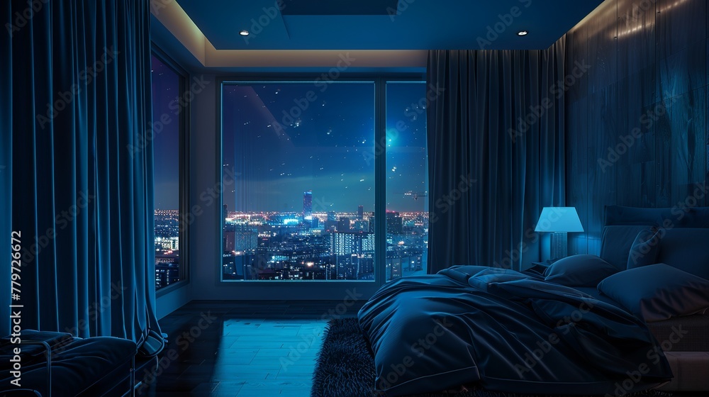 A dark blue master bedroom with dark blue curtains and softly glowing