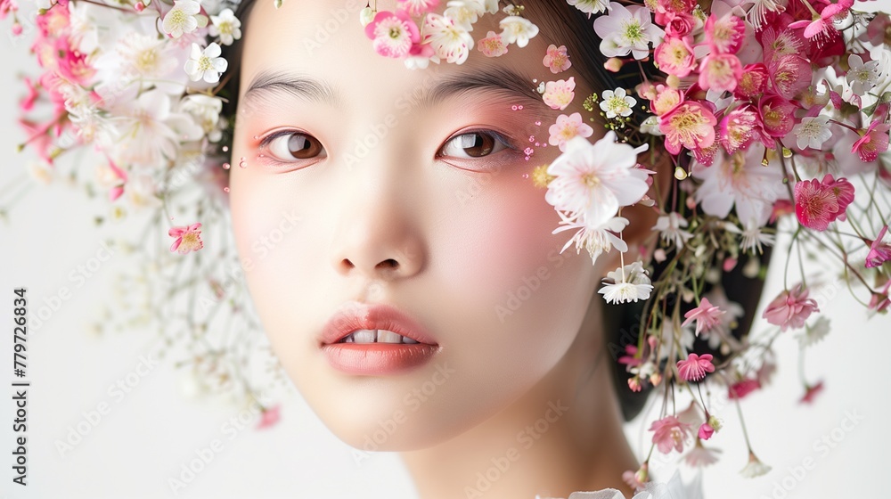 A captivating beauty portrait of a Chinese girl with flowers delicately arranged on her head, set against a pristine white background.