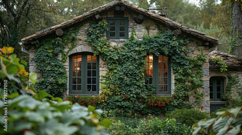 A small, arched window peeks out from the ivy-covered cottage. © Feeney