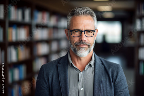 Middle age male librarian or college teacher standing in library in front of book shelves generated by AI