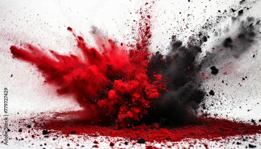 Abstract explosion of red and black charcoal powder, isolated splatter on white background.