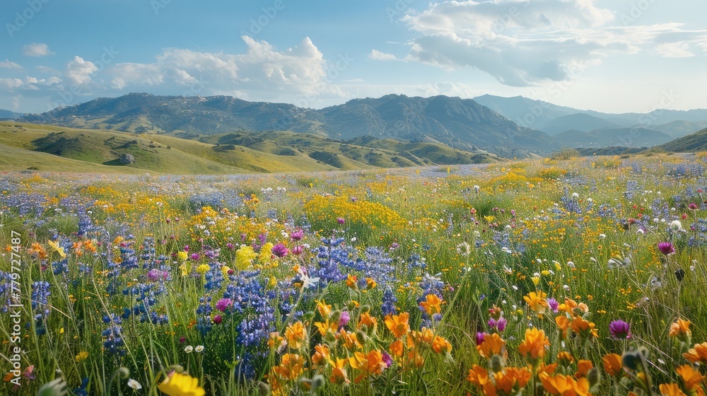 Breathtaking Floral Meadow with Majestic Mountain Backdrop Idyllic Scenery of Vibrant Wildflowers and Lush Rolling Hills