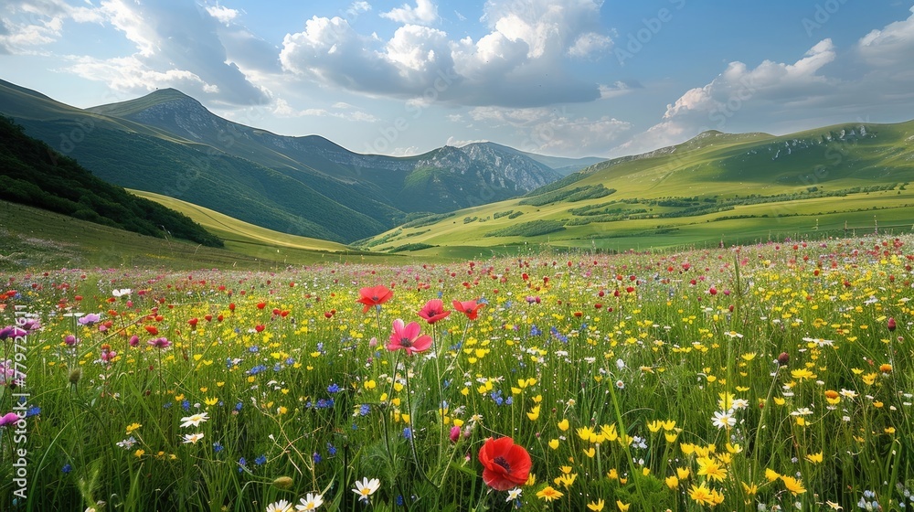 Vibrant and Serene Rolling Hillsides Blanketed with Lush Wildflowers in a Picturesque Mountain Landscape