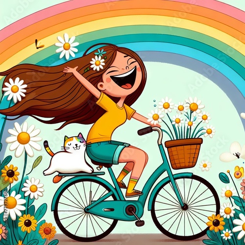 The girl rides a bicycle with her cat, enjoys summer and daisies. Rainbow Flat style. Concept of daily joys. Optimism 