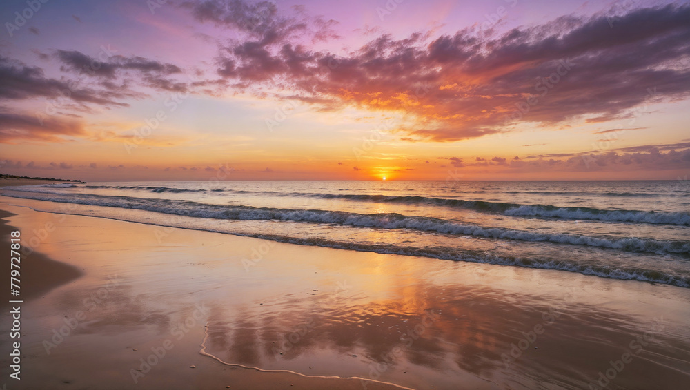 a breathtaking sunset over the ocean, with vibrant colors reflected in the calm waters of the beach