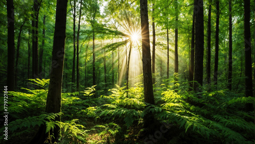 a lush, verdant forest bathed in the warm, radiant glow of the sun's rays filtering through the canopy © odela