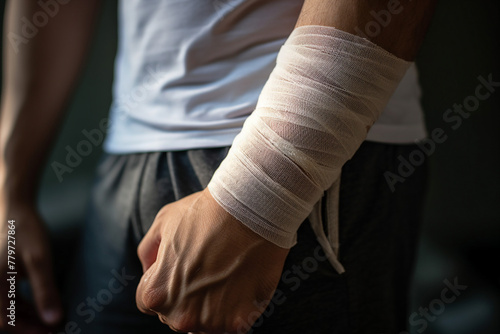 Generated AI image of post surgery bandaged male hand