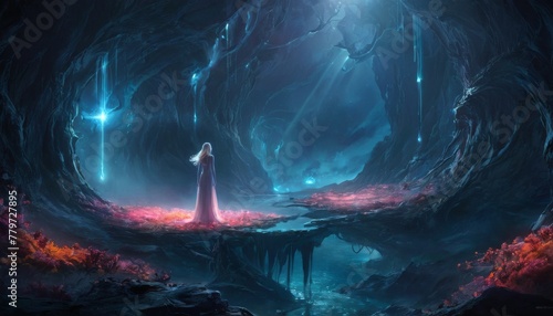 A mesmerizing scene depicting an ethereal figure in a cloak standing in a luminous, otherworldly cave, surrounded by vibrant pink flora and glowing blue lights.. AI Generation