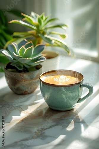 Green cup with hot coffee against the background of a sunny window and plants. Vertical concept template for advertising a coffee shop, coffee brand with space for text