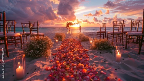 Breathtaking Beach Wedding Ceremony at Sunset with Romantic Floral and Intimate Seating