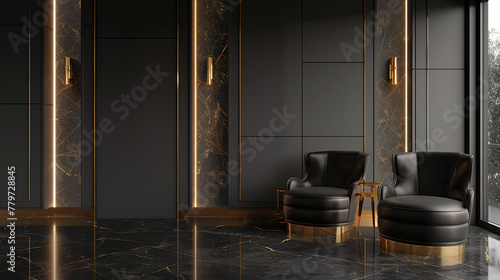 high-end minimalist black and gold home interior  hall  luxury and expensive house