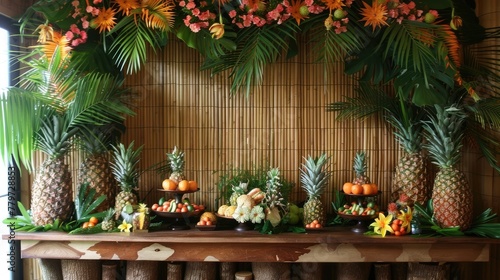 Vibrant Tropical Luau Party Display with Lush Foliage and Festive