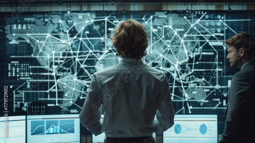 A criminal intelligence analysts exploring a link chart with various suspects connected to the head of a criminal organisation. Generative AI. photo