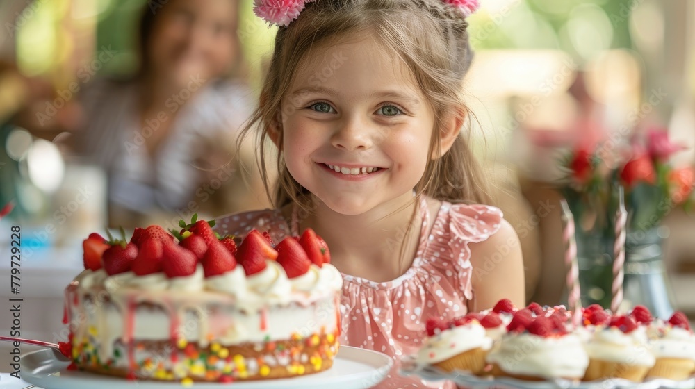 Cheerful Girl Celebrating Summer Birthday with Delightful Cake and Strawberry Treats