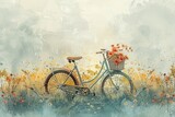 Vintage feel bicycle, flowers in basket, watercolor with ink outlines, 6K, nostalgic and artistic