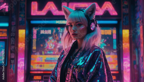 A nostalgically modern Kitsune cyberpunk queen, her fur shimmers in hues of pastel pinks and purples, contrasting sharply with the neon glow of her digital eyes. photo