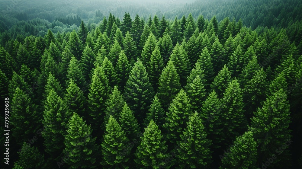 An aerial view of a pine tree forest. AI generate illustration