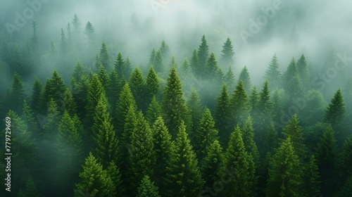 A pine tree forest with fog, adding an element of mystery to the scene. AI generate illustration © PandaStockArt
