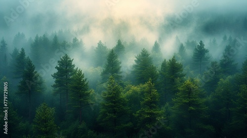 A pine tree forest with a misty atmosphere, evoking a sense of tranquility. AI generate illustration © PandaStockArt