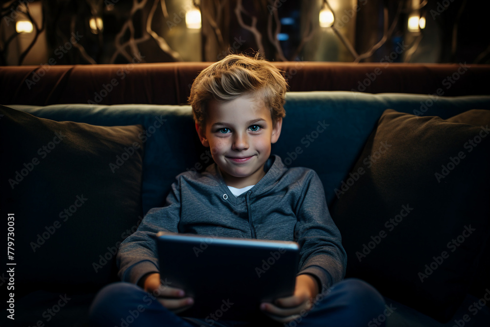 AI generated picture of funny cute child sitting with laptop AI generated picture of funny cute child sitting with laptop