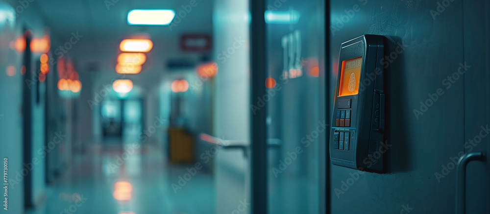Access control system machine with fingerprint scanning on the wall near the front door, office security door and employee working time recording Access control system machine with fingerprint scanning on the wall near the front door, office security door and employee working time recording