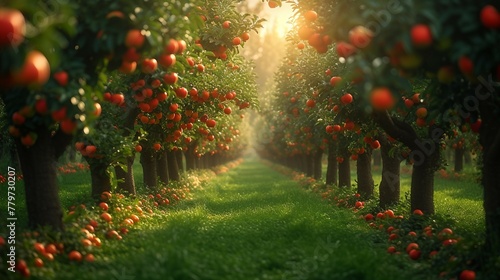 A serene shot of an apple tree orchard with neat rows of trees. AI generate illustration photo