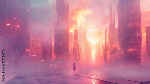 Solitary Figure Traversing a Dreamlike Futuristic Cityscape with Whimsical Ethereal Elements and Soft Pastel Tones