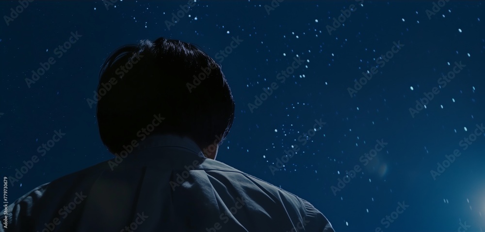 Fototapeta premium Man silhouette behind view observing sky stars cinematic darkness peace introspection