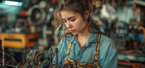 A woman dressed in mechanic overalls, fixing a complex engine in a well-lit auto repair shop. Tools are neatly organized around her. Generative AI. photo