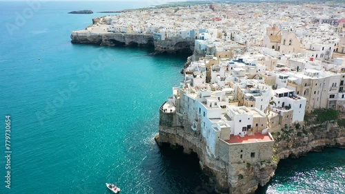 Polignano a Mare, aerial view in front of the sea. Apulia, Italy. 