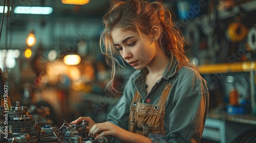 A woman dressed in mechanic overalls, fixing a complex engine in a well-lit auto repair shop. Tools are neatly organized around her. Generative AI. © visoot