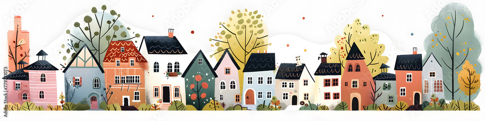 Hand drawn cozy city street, town in trendy children's book flat style horizontal banner