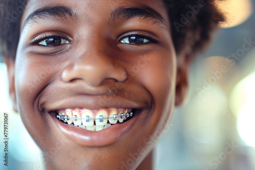 smiling teenage african boy with braces, close up portrait of black teen, orthodontic treatment, blurred background