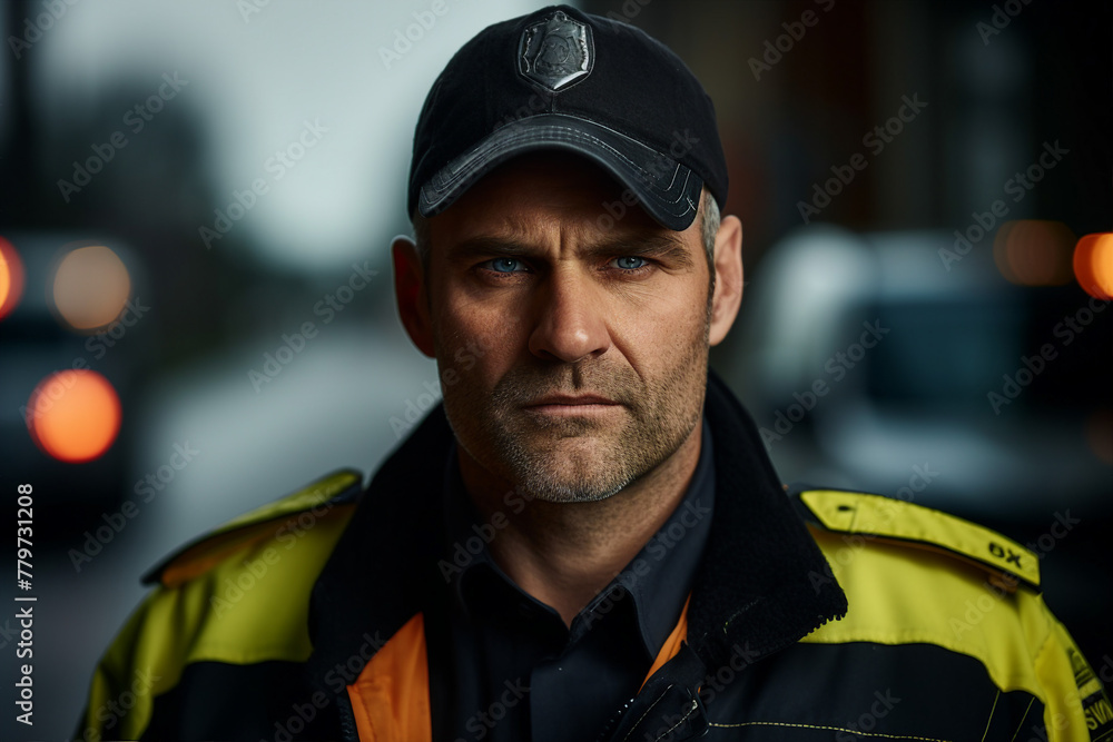 Fictional person Police man woman made with Ai generative technology serious face expression Fictional person Police man woman made with Ai generative technology serious face expression