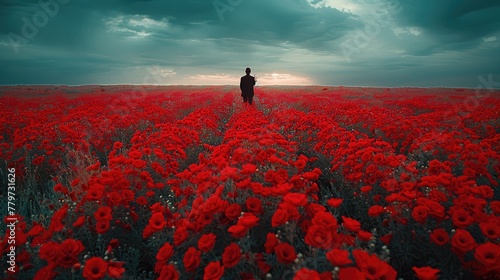 A lone bugler stands amidst a sea of American flags, his solemn notes echoing across the vast expanse, symbolizing the reverence and gratitude of a nation.